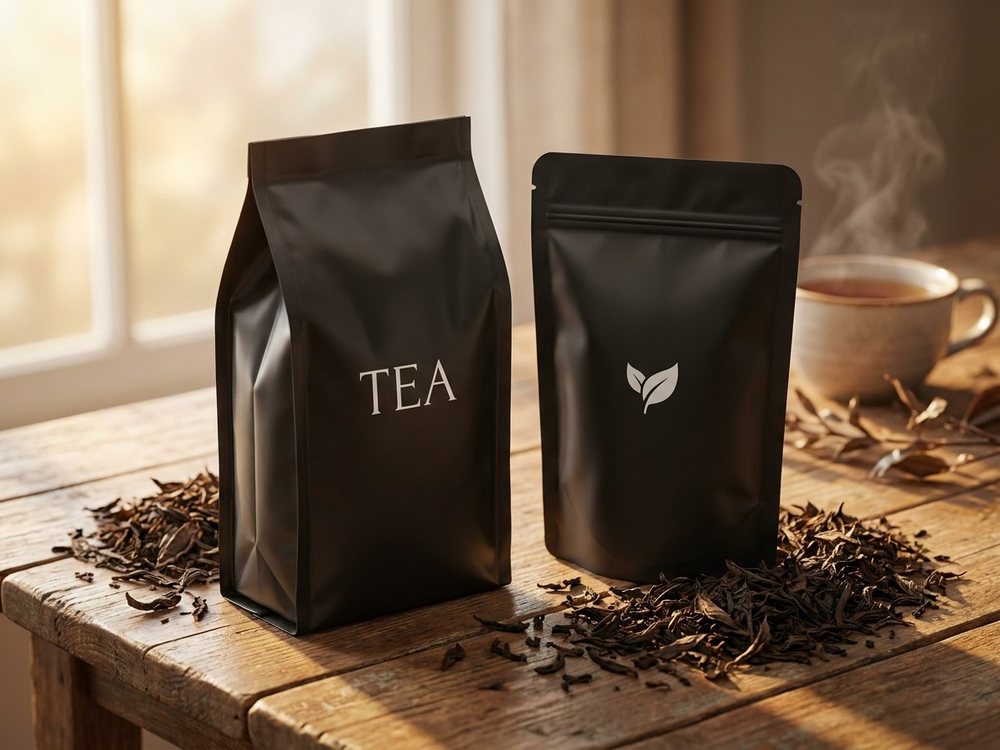 Квадропак «TEA» и дой-пак с листом, чай рассыпан рядом
